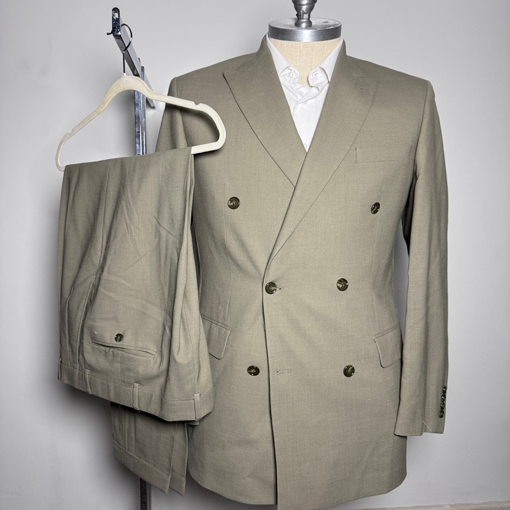 Museo Ruffini Suit Mens 42L 35x29 Tan Khaki Solid Double Breasted Vintage Italy